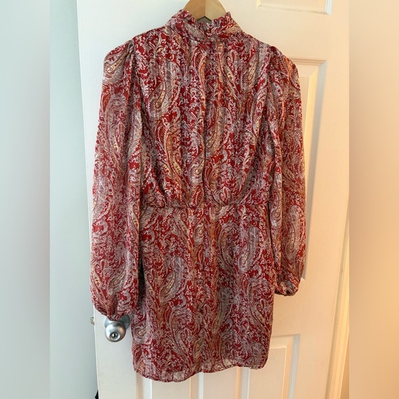 Lulus small rust red paisley mini dress mock neck balloon sleeve wrap skirt - Picture 6 of 14